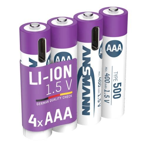 Piles lithium-ion Ansmann Micro AAA 1,5 V, min. 400 mAh, typ. 500 mAh, avec câble de charge USB-C 4 en 1, blister papier de 4