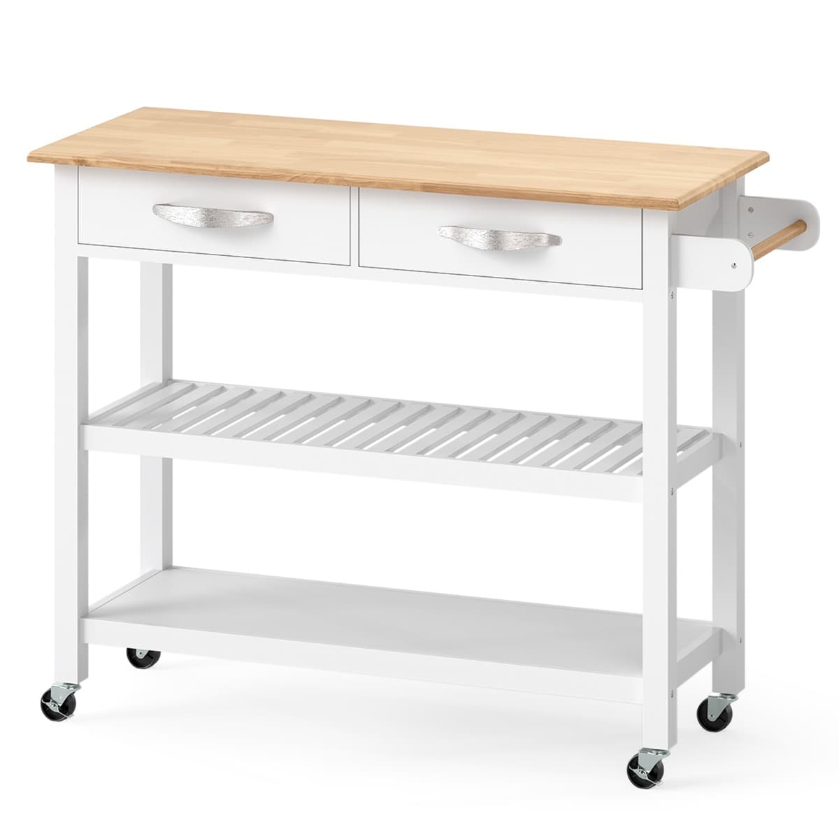 CostwayÎlot de Cuisine à 3 Niveaux Desserte Roulant avec Plan de Travail en Bois 2 Tiroirs 2 Étagères Ouvertes et Roues Verrouillables Blanc