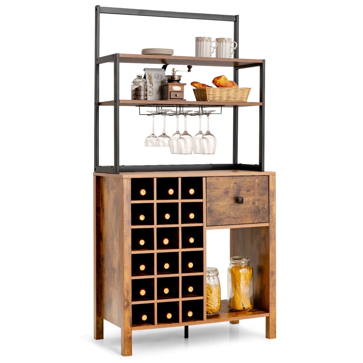 CostwayArmoire de Cuisine avec Casier à Vin Peut Contenir 18 Bouteilles et Tiroir Support de Bar à 4 Niveaux avec Support de Verre à Vin Café